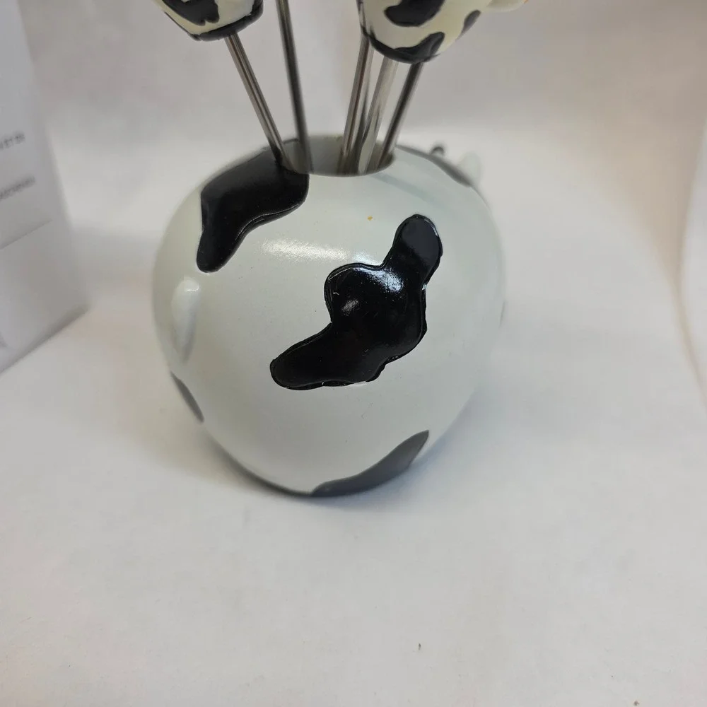 READA Boska Cow Party Pick Set White Black Ceramic Cheese Appetizer Tools 7pc